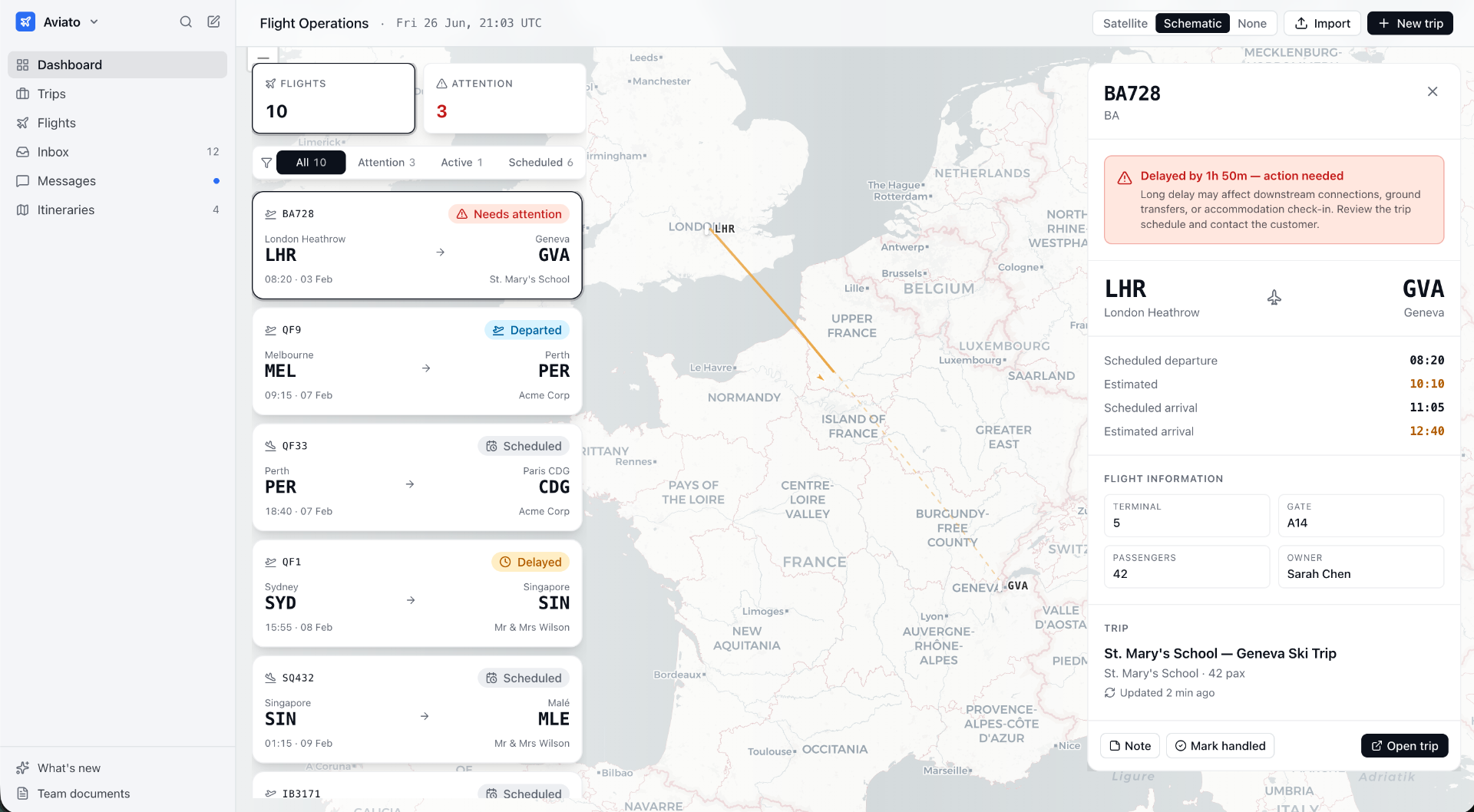 Cuppa flight operations dashboard showing live flights, attention alerts, and a map of routes